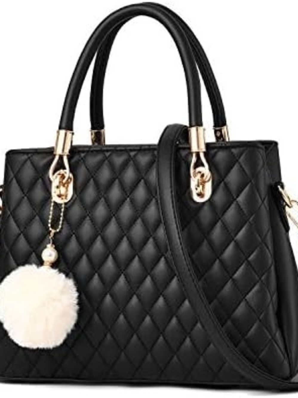 SHEIN Black Quilted Satchel with Cream Pom-Pom Charm